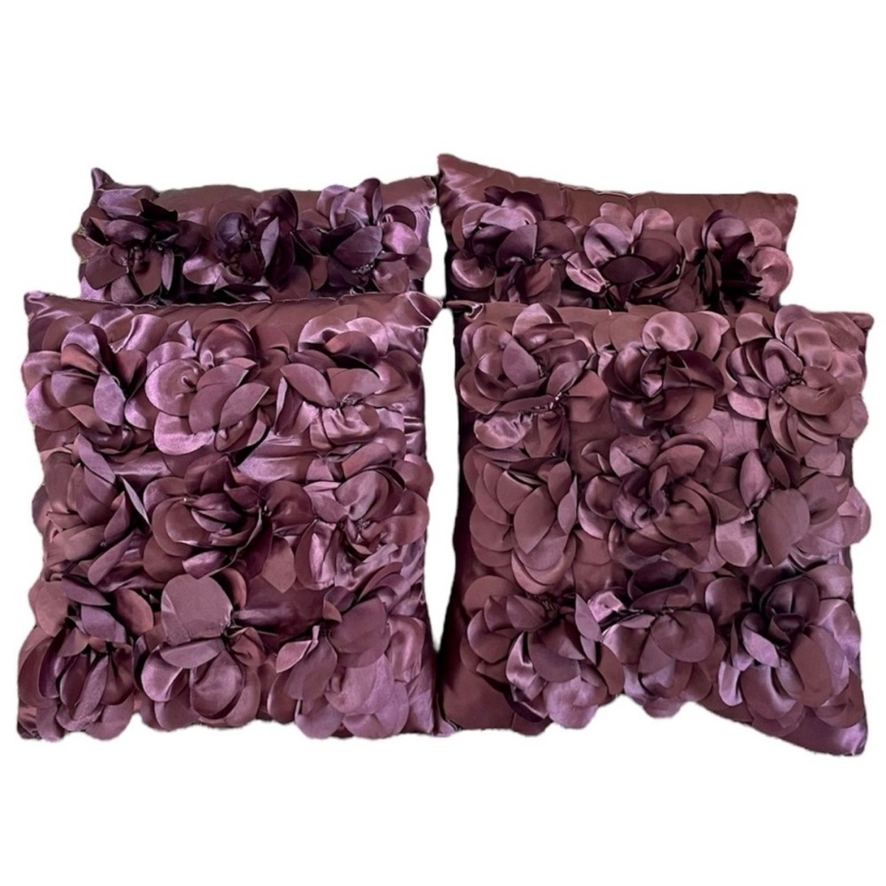 Silk Floral Ruffled Luxury Cushion Decorative Accent Pillows 4 Pcs Plum Purple
